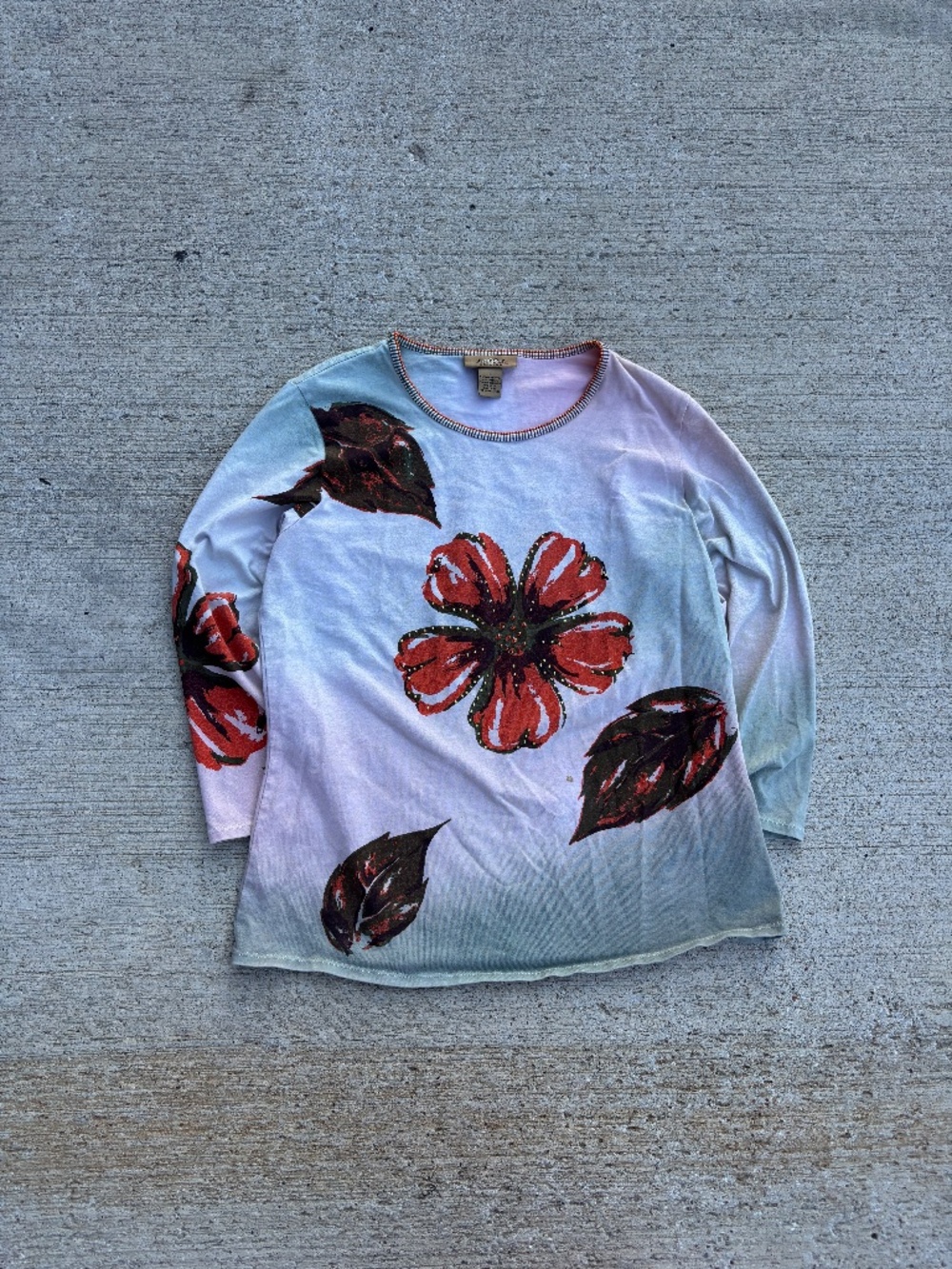 Vintage Y2K Peck & Peck Floral Beaded Ombre Top Size L Bedazzled 3/4 Sleeve